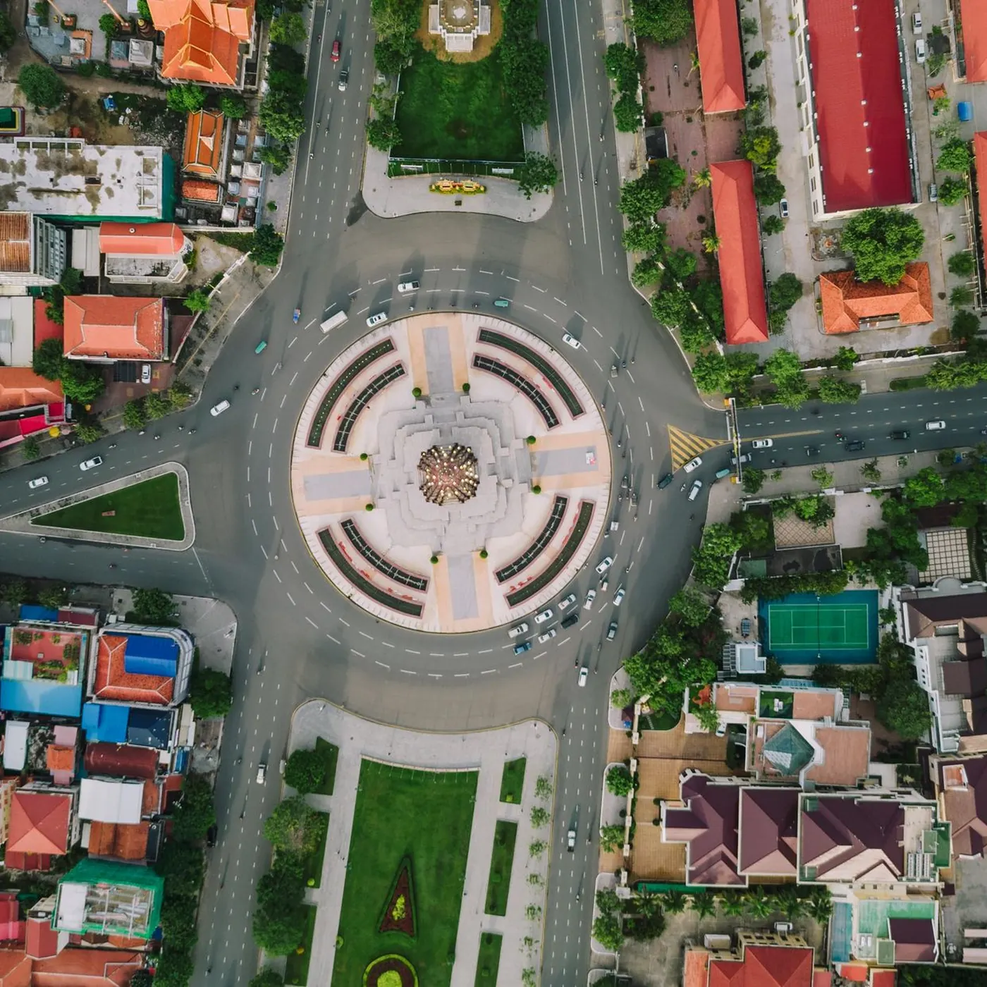 Aerial view of a city roundabout in Phnom Penh