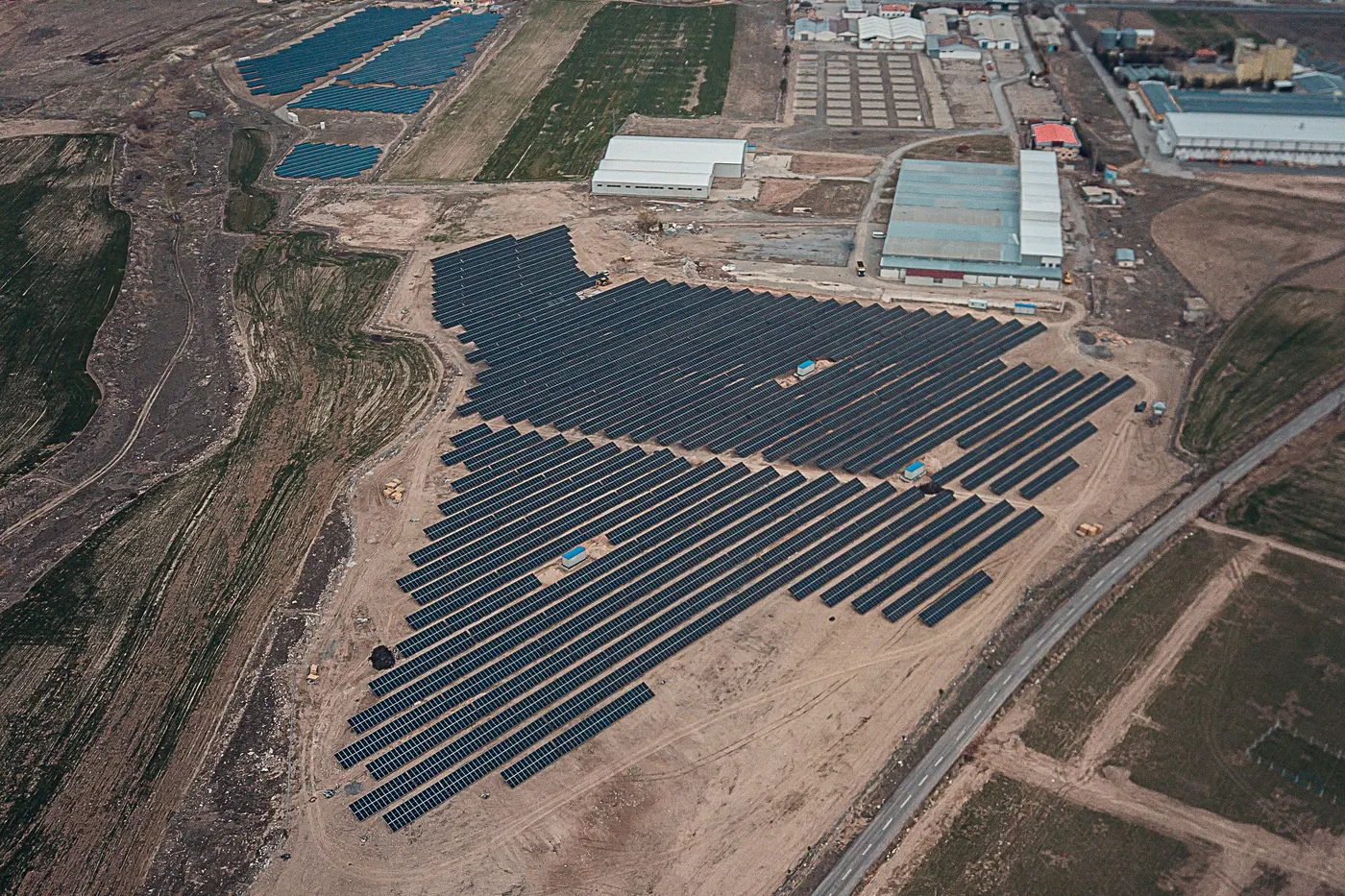 Aerial view of a solar installation on open land