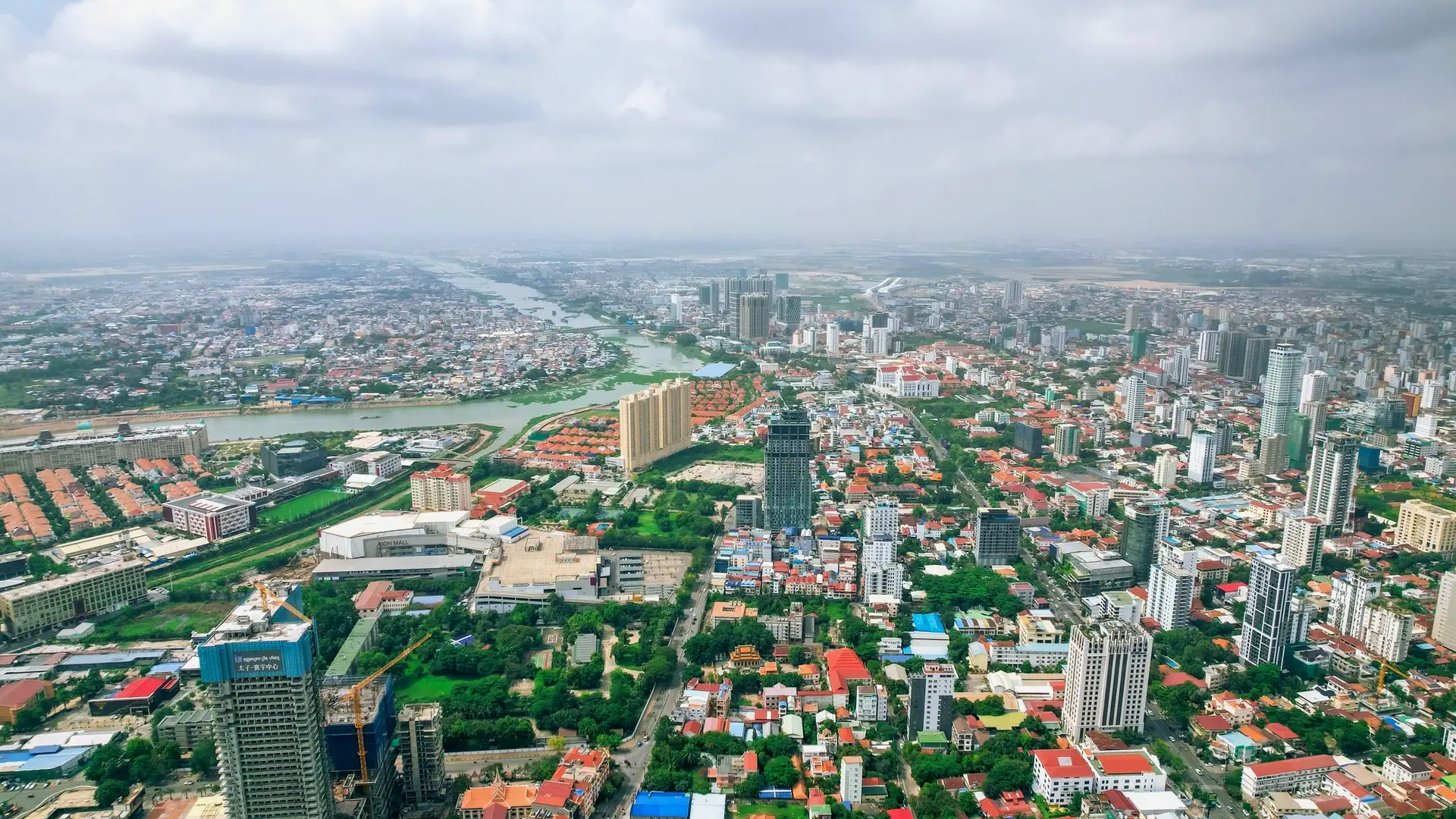 Aerial view of Phnom Penh at dusk