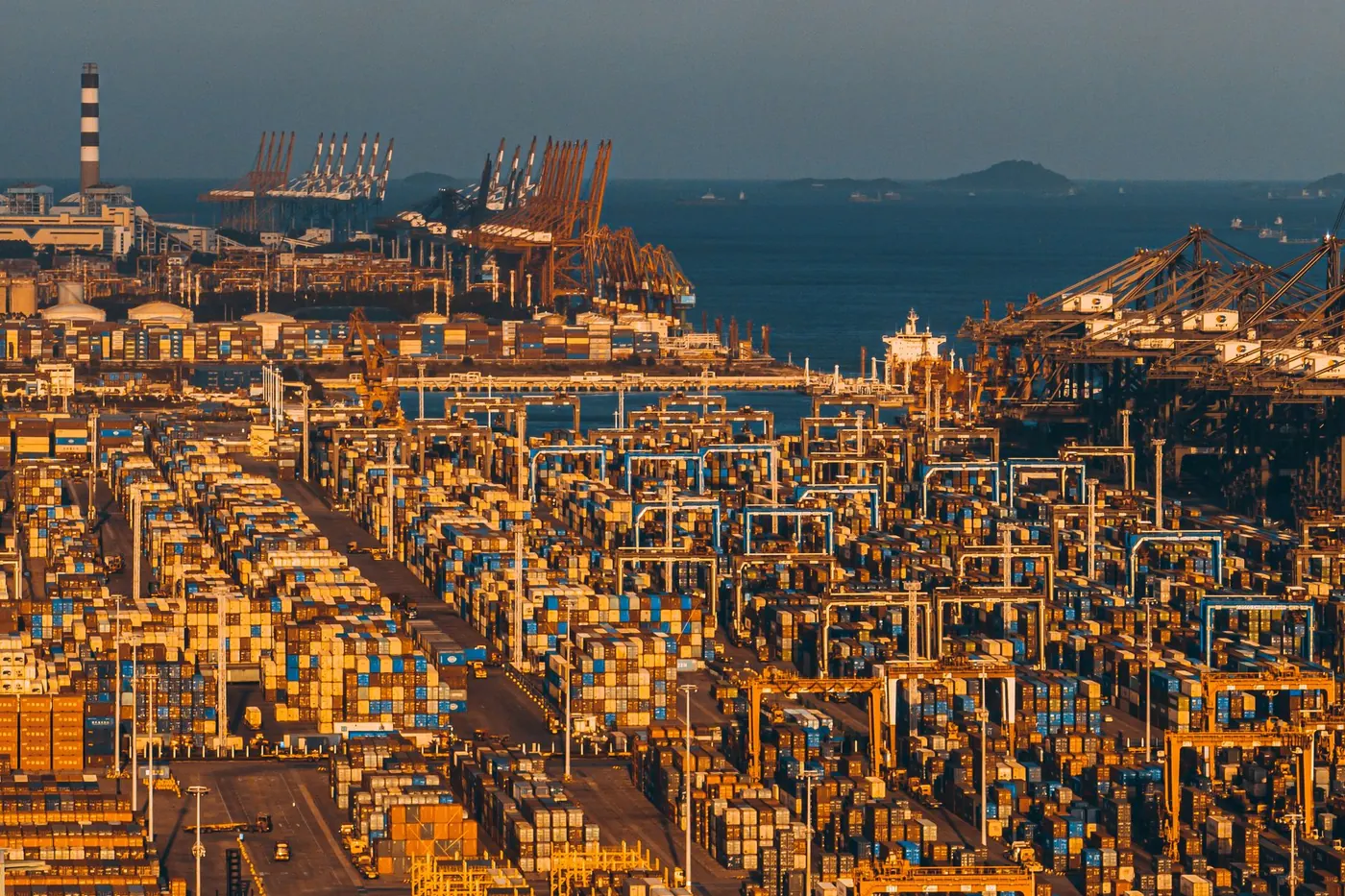 Container port at golden hour